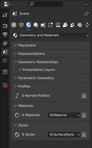 property editor geometry and materials sub-tab